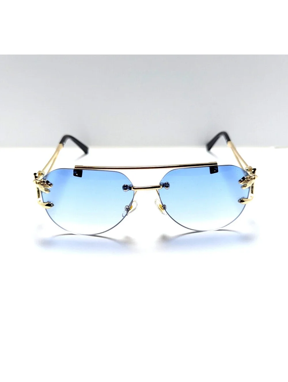 Classic Chic Blue Gradient Gold Black Rimless Aviator Unisex Fashion Sunglasses